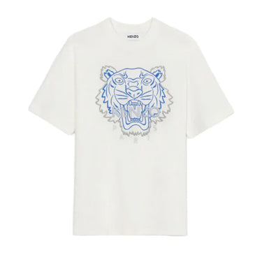 White t-shirt with blue tiger logo on a white background