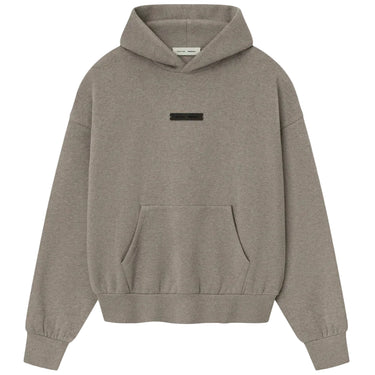 Gray hoodie with a small black logo on a light gray background